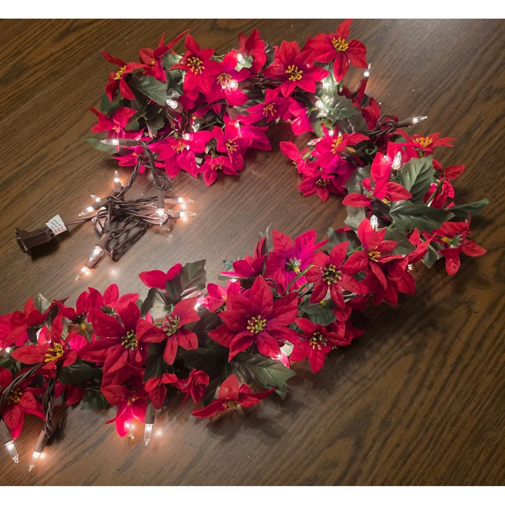 Lighted Red Poinsettia Christmas Garland Clear Lights Brown Wire Indoor 4ft
